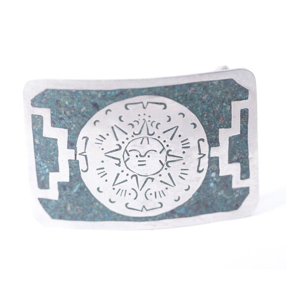 Alpaca, Belt Buckle, Silver Turquoise, Aztec Sun, Mexico, Vintage~ 250407-WH 160 - Picture 1 of 3